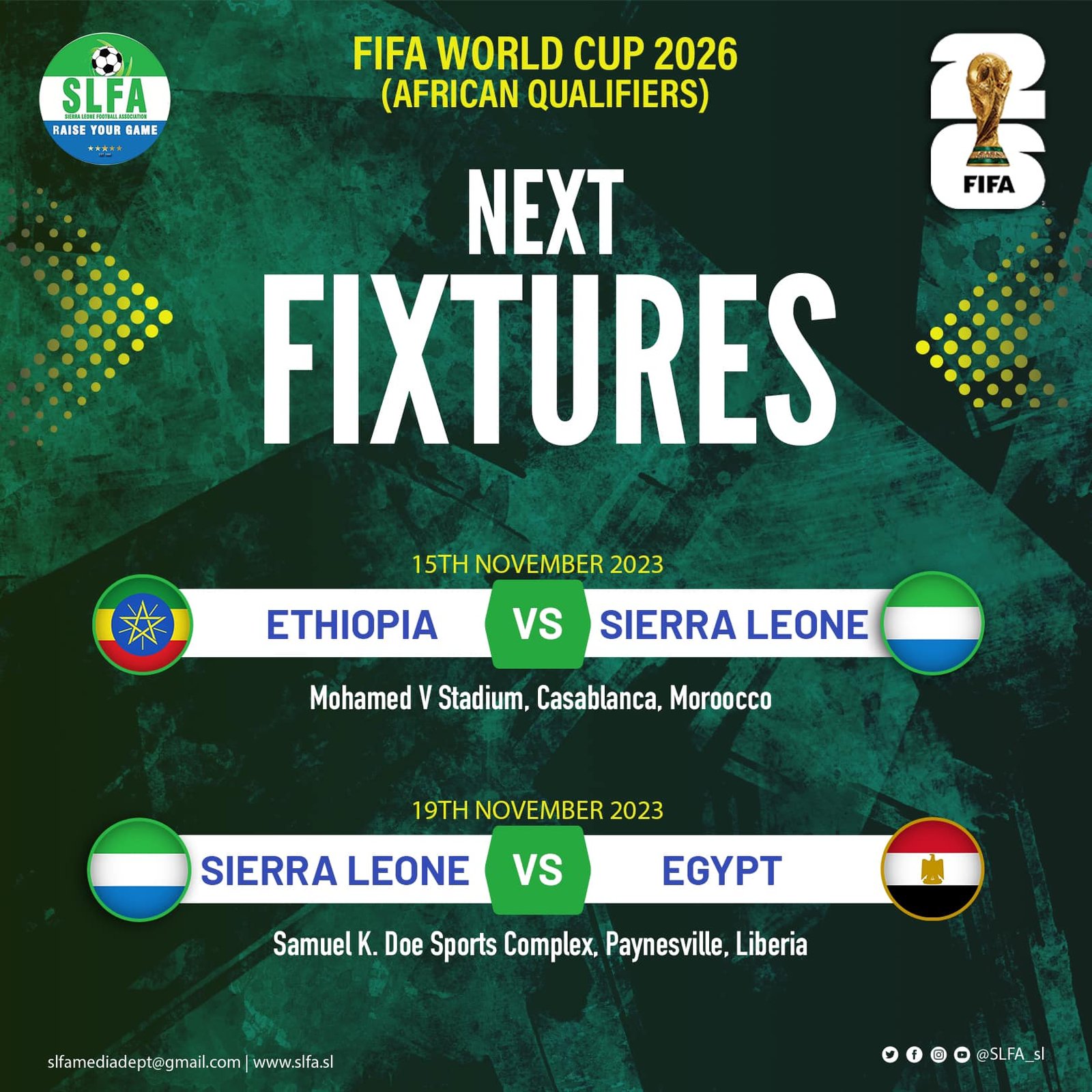 Sierra Leone confirm 2026 World Qualifying dates and venues