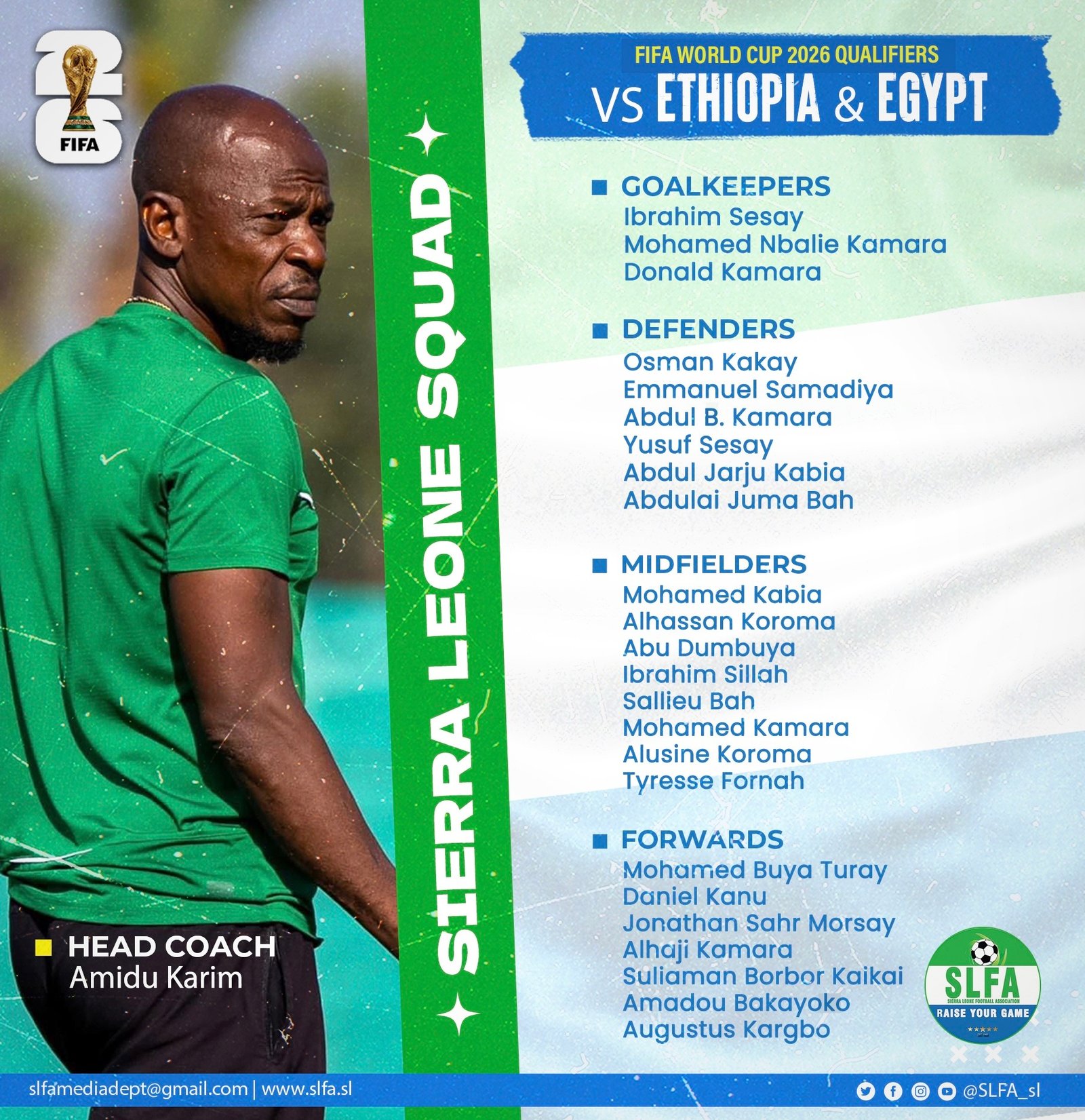 Sierra Leone 24-man squad for 2026 World Cup qualifiers against Ethiopia and Egypt