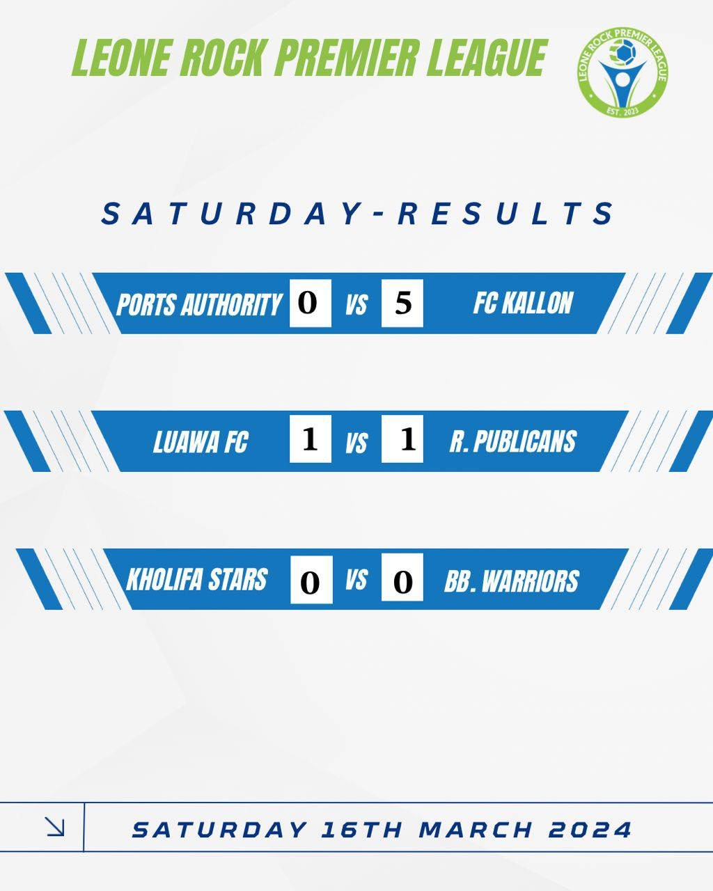 Saturday's Sierra Leone Premier League results