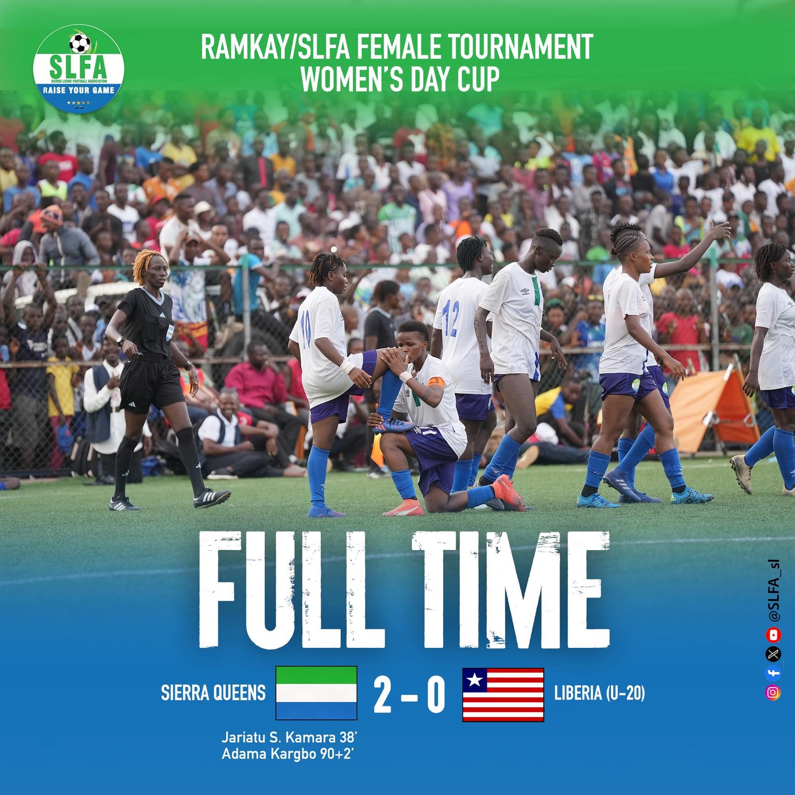 Congratulations to Sierra Leone's national senior team, the Sierra Queens, for winning the Women's Day Cup with an impressive 2-0 victory over Liberia U20 in the final match. They finished the tournament with 9 points from four games. Well done!
