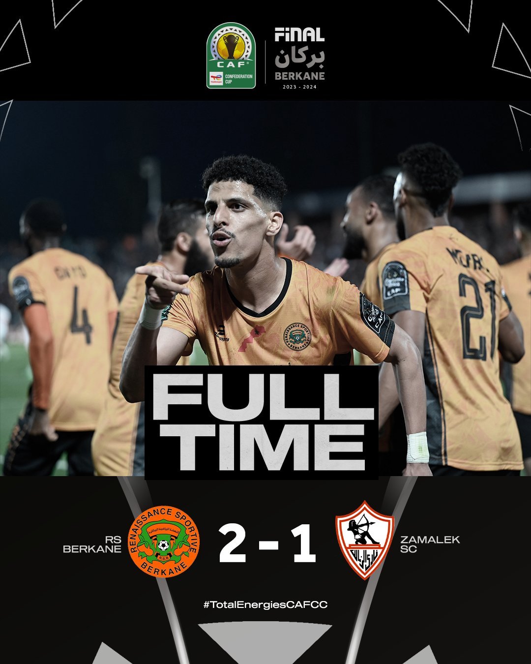 On Sunday, Renaissance Berkane defeated Zamalek 2-1 in the first leg of the African Confederation Cup final at the Berkane Municipal Stadium.