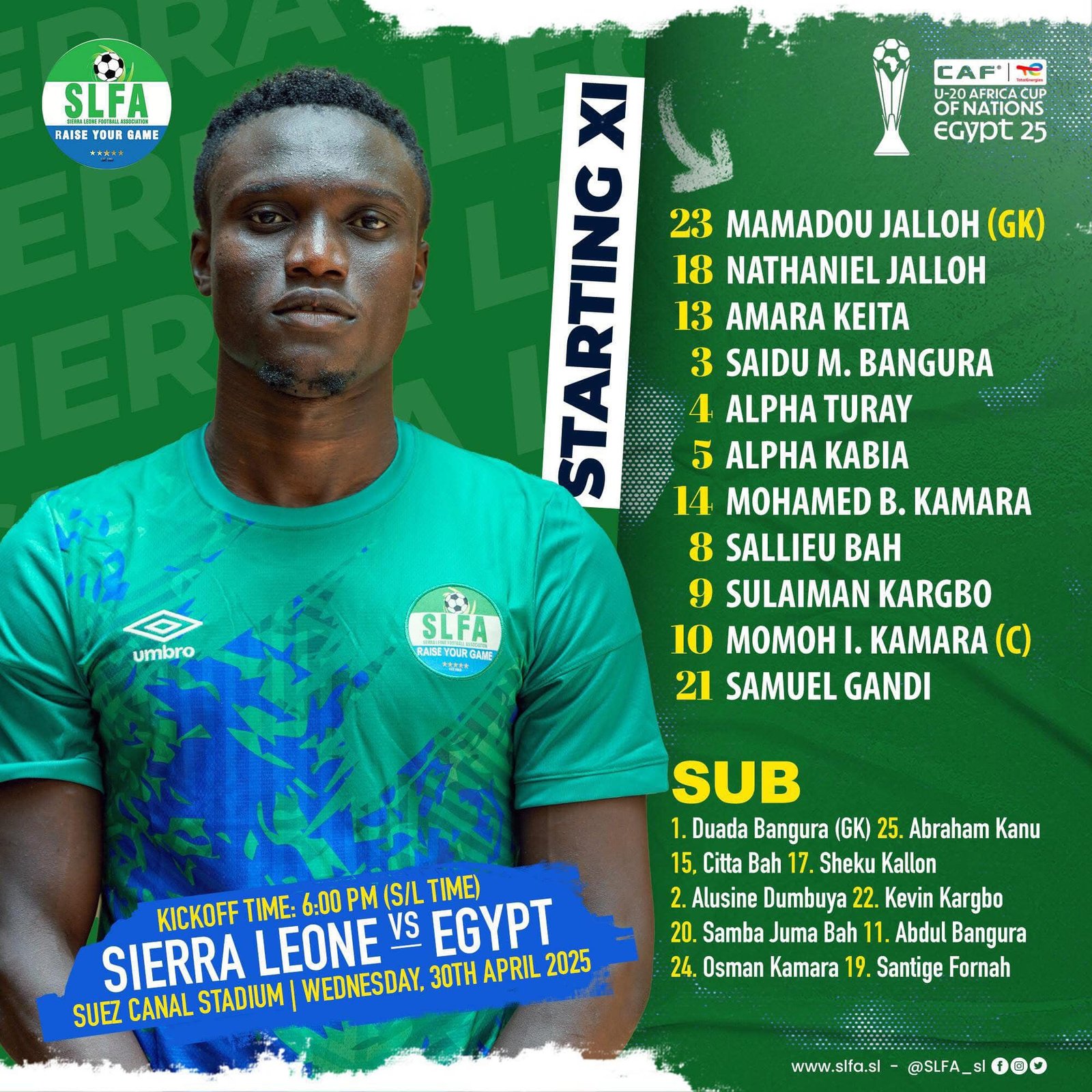 Injury concerns led to the replacement of Mohamed Fofanah with Sulaiman Kargbo, and Santigue was substituted out for Mohamed Bai Kamara for tactical purposes.