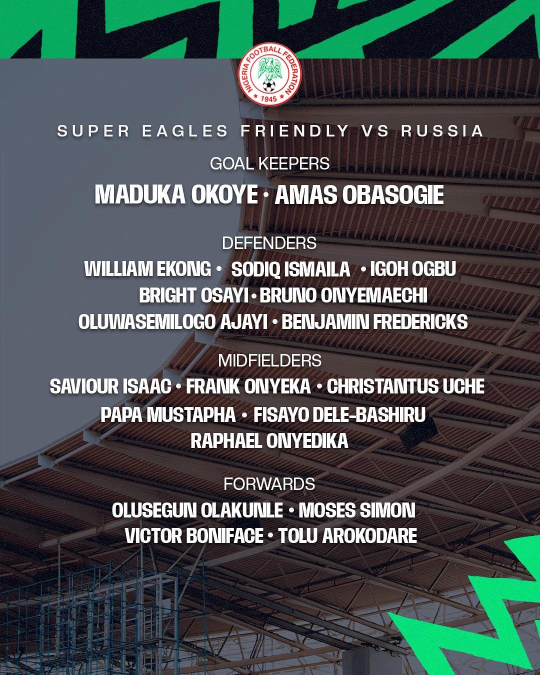Nigeria final list for Russia friendly at the iconic Luzhniki Stadium on June 6th