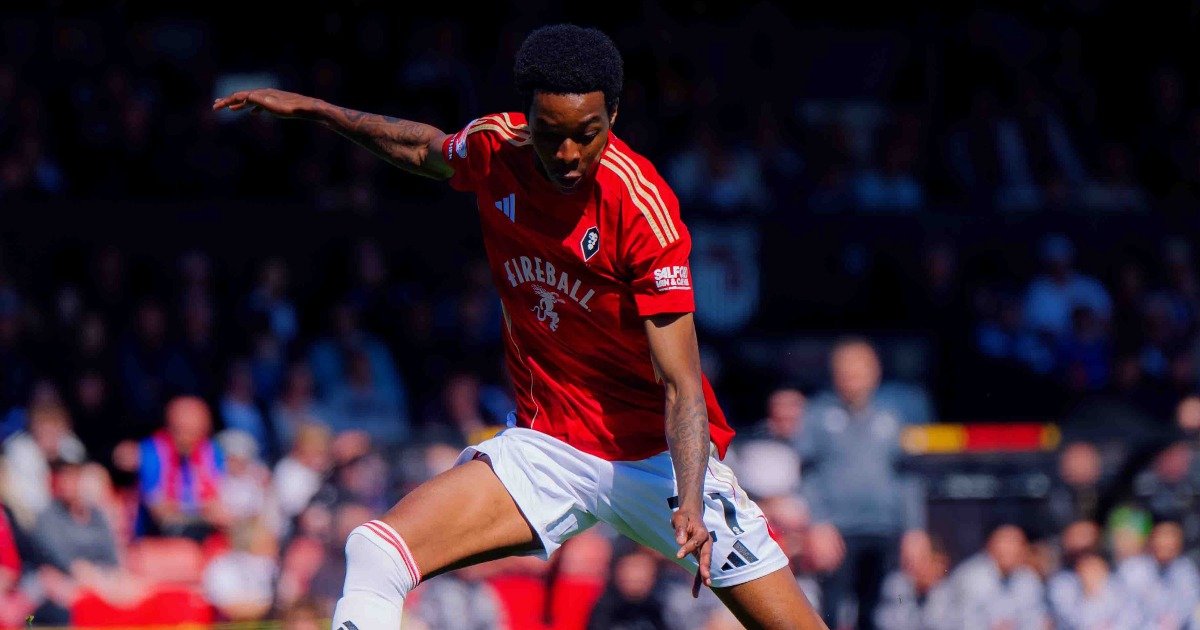 Kallum Cesay scores as Salford City win the first leg of their playoff tie at Grimsby
