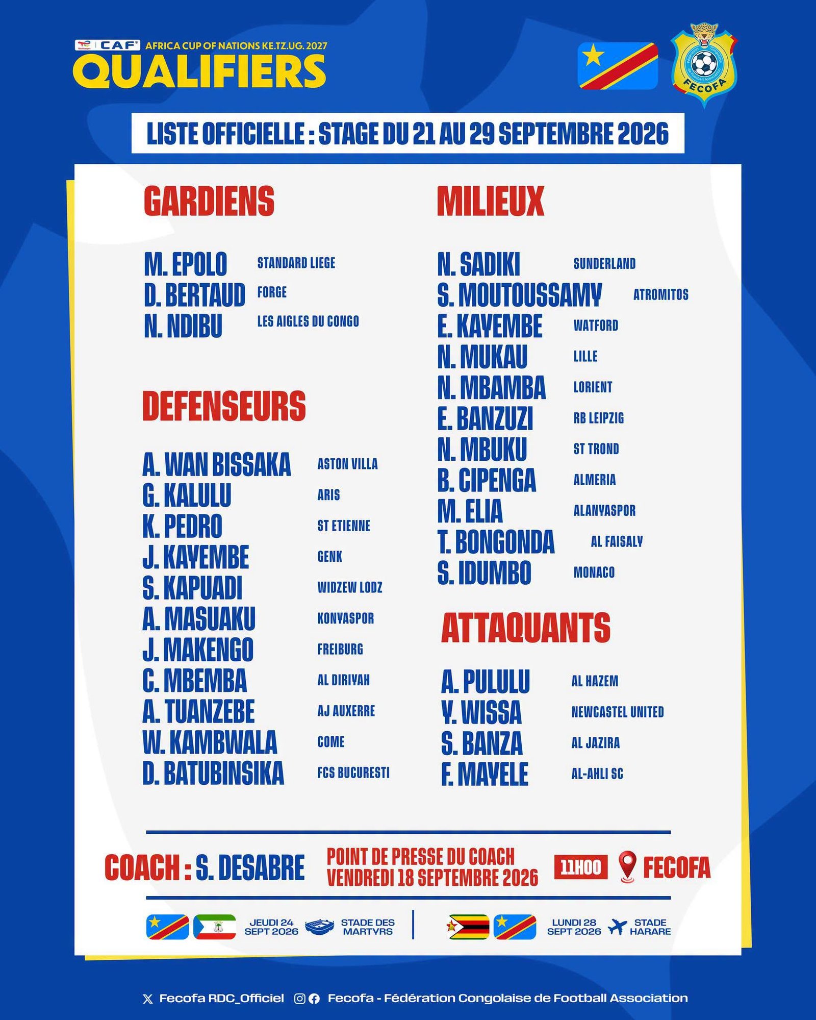 Desabre names star-studded D.R Congo squad to start 2027 AFCON qualifiers