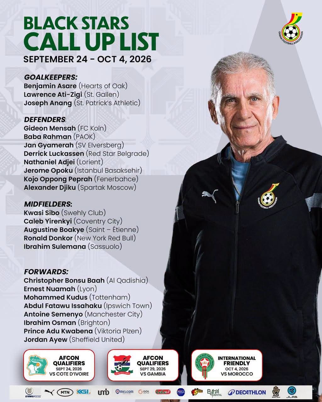 Head Coach Carlos Queiroz has announced the team for our upcoming AFCON qualifiers against Côte d’Ivoire and The Gambia.