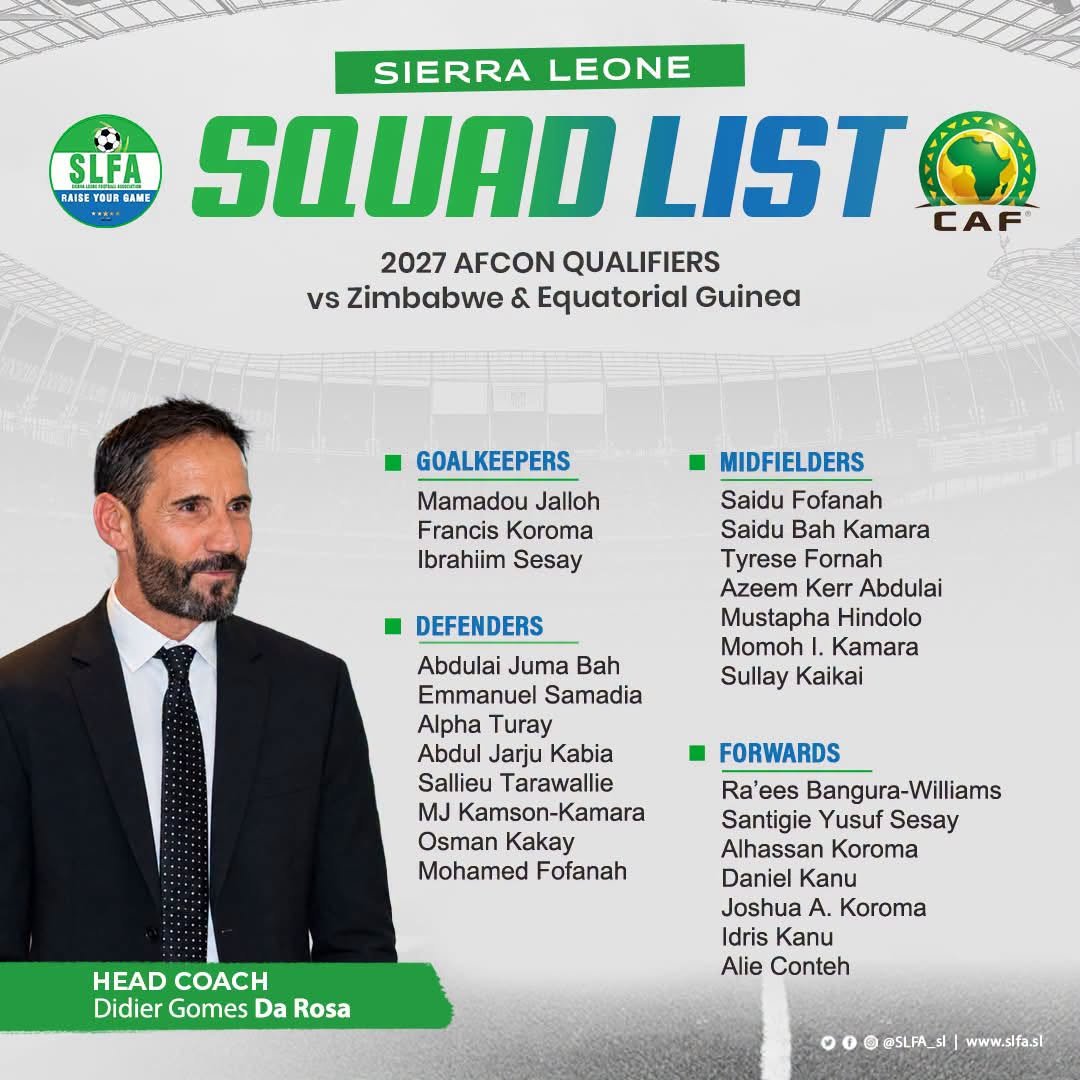 New Sierra Leone Coach Names 25-Man Squad for AFCON 2027 Qualifiers