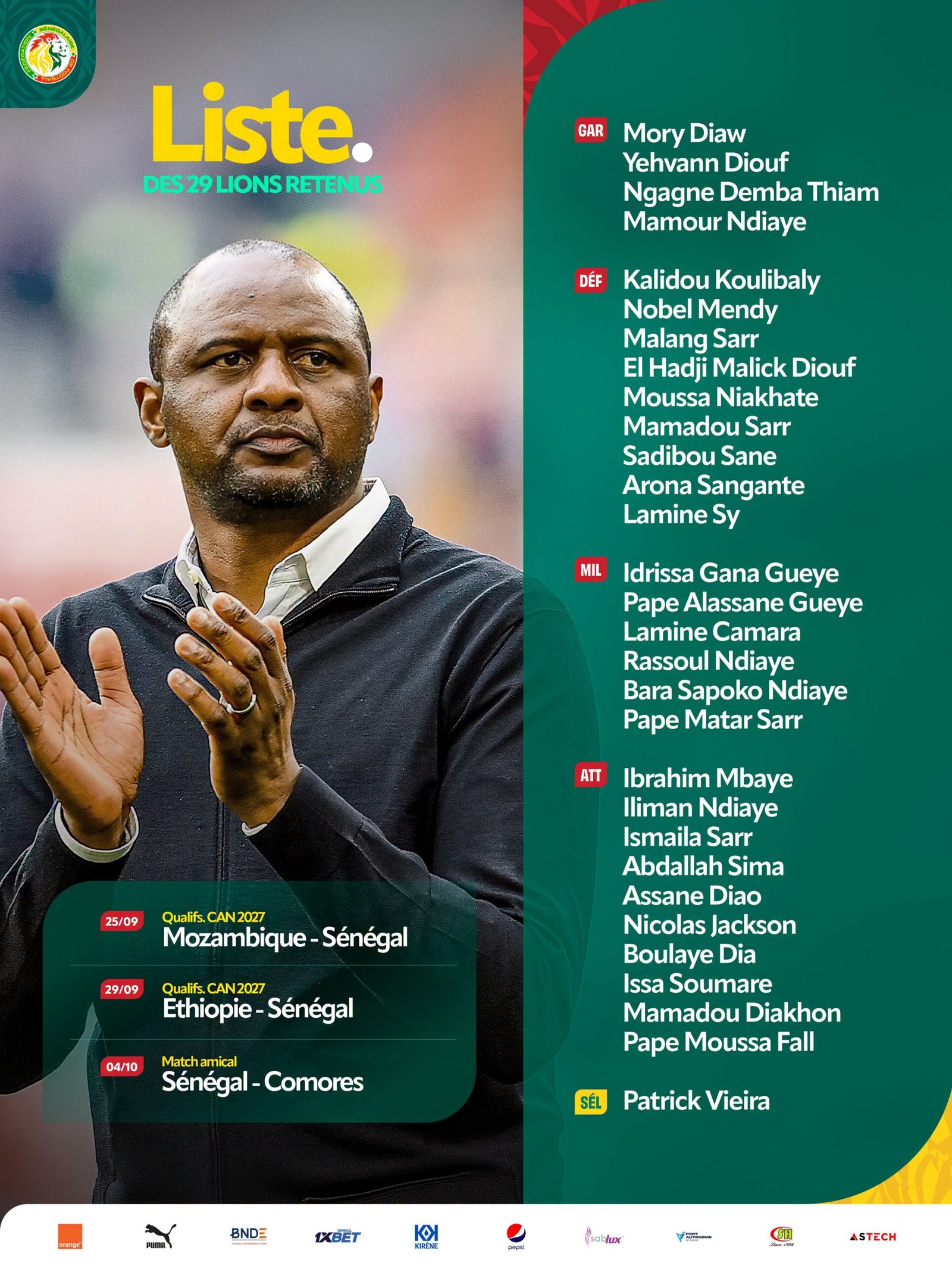 New Senegal head coach Patrick Vieira line-up 29 for AFCON qualifiers
