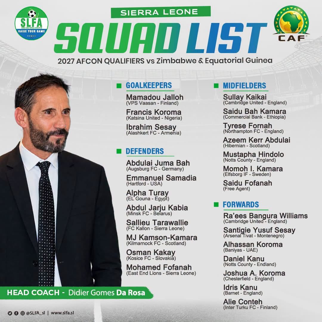 New Sierra Leone Coach Names 25-Man Squad for AFCON 2027 Qualifiers